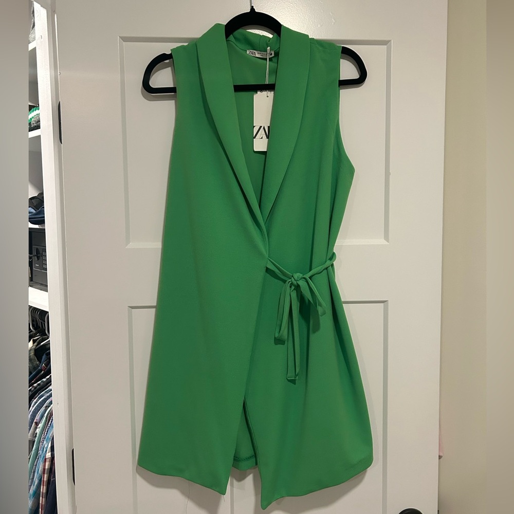 Zara NWT Bright Green Sleeveless Wrap Dress with Vest with Tie Size Medium